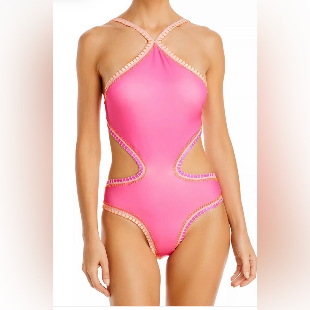 PQ PLATINUM SWIMWEAR Pink Crochet Trim High Neck One Piece Swimsuit